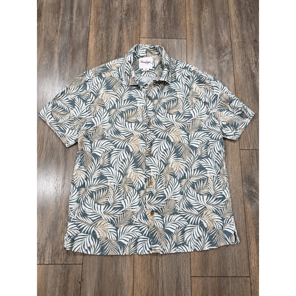 Panama Jack Mens M Hawaiian Shirt Gray Palm Leaf Tropical Aloha Button Up